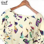 Boho Dress New Arrival Casual Summer Style Womens Chiffon Dresses Crew Neck Beige Batwing Short Sleeve Birds Print Shift Dress