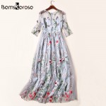 Brand Style 2017 Runway Dresses Gorgeous Half Sleeves Sheer Mesh Embroidery Long Dresses Bohemian Vestidos De Festa