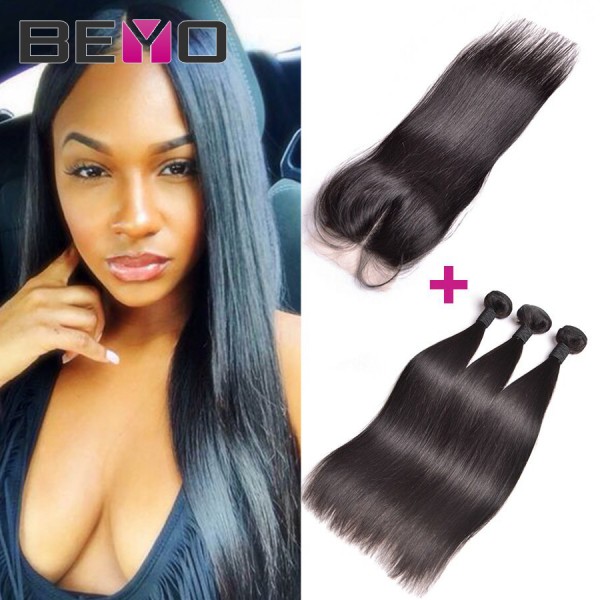 Brazilian Virgin Hair Straight With Closure Human Hair Weave 3 Bundles With Lace Closure Brazilian Straight Hair With Closure