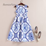 BunniesFairy 2018 New European and American Sicilian Style Women Retro Geometric Floral Print High Waist Midi Dress Sleeveless