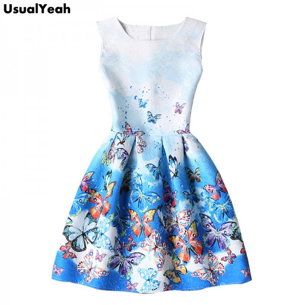 Butterfly Summer Dress 2017 New Fashion Women A-Line Mini O-Neck Sleeveless Casual Dresses Vestido de festa plus size Blue