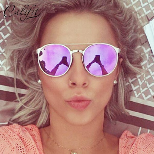 CALIFIT Ladies Pink Mirror Round Sunglasses Women  Luxury Brand Designer Lunette 2017 New Sun glasses For Women UV400 Lens Shade