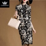 CARRIWAY 2017 New Fashion Spring Women's Vintage Printing Knee-Length Party Bodycon Dress With Crystal Sashes Vestidos Female