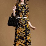 CARRIWAY 2017 New Fashion Spring Women's Vintage Printing Knee-Length Party Bodycon Dress With Crystal Sashes Vestidos Female