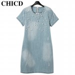 CHICD Summer Style Loose Short Sleeve Women Denim Jeans Dress O Neck Washed Beaded Elegant Evening Party Lady Dresses 4X 5XL D44