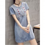 CHICD Summer Women Sundress Retro Vintage Embroidery Soft Jeans Denim Dress O-Neck Mini Casual Plus Size Vestidos Femininos XD56