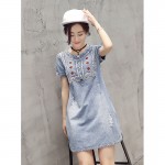 CHICD Summer Women Sundress Retro Vintage Embroidery Soft Jeans Denim Dress O-Neck Mini Casual Plus Size Vestidos Femininos XD56