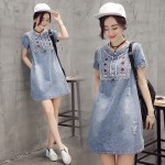 CHICD Summer Women Sundress Retro Vintage Embroidery Soft Jeans Denim Dress O-Neck Mini Casual Plus Size Vestidos Femininos XD56