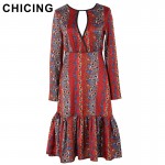 CHICING High Street Women Chiffon Hollow Out Floral Printed Sun Flower Fish Tail Dress 2017 Retro New Boho vestidos A1612035