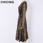 CHICING High Street Women Chiffon Hollow Out Floral Printed Sun Flower Fish Tail Dress 2017 Retro New Boho vestidos A1612035