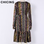 CHICING High Street Women Chiffon Hollow Out Floral Printed Sun Flower Fish Tail Dress 2017 Retro New Boho vestidos A1612035