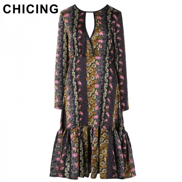 CHICING High Street Women Chiffon Hollow Out Floral Printed Sun Flower Fish Tail Dress 2017 Retro New Boho vestidos A1612035