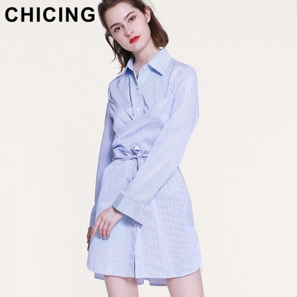 CHICING High Street Women Sashes Striped Shirt Dress 2017 Turn-down Collar Lace-Up Empire Long Sleeve Dress Vestidos A1701001