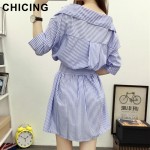 CHICING Women Blue Striped Shirt Dresses 2016 Autumn European Street Hater Neck Ties Waist Dress Casual Vestidos mujer B1607179