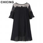 CHICING Women Chiffon Pleated Elegant Lace Splicing Mini Dress 2017 New Flare Sleeves Chic Beach Ladies Vestidos mujer A1611073