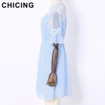 CHICING Women Chiffon Pleated Elegant Lace Splicing Mini Dress 2017 New Flare Sleeves Chic Beach Ladies Vestidos mujer A1611073