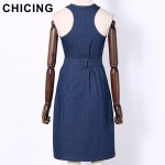 CHICING Women Fashion Bow Pocket Denim Sleeves Dresses 2017 High Street Ladies O-Neck Tank Zipper Slits Dress vestidos B1702014