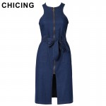 CHICING Women Fashion Bow Pocket Denim Sleeves Dresses 2017 High Street Ladies O-Neck Tank Zipper Slits Dress vestidos B1702014