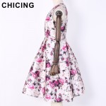 CHICING Women Floral Printed Purple Dress 2017 Spring Summer Sleeveless Fit Flared Pleated Vintage Midi Dress Vestidos A1612010