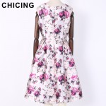 CHICING Women Floral Printed Purple Dress 2017 Spring Summer Sleeveless Fit Flared Pleated Vintage Midi Dress Vestidos A1612010