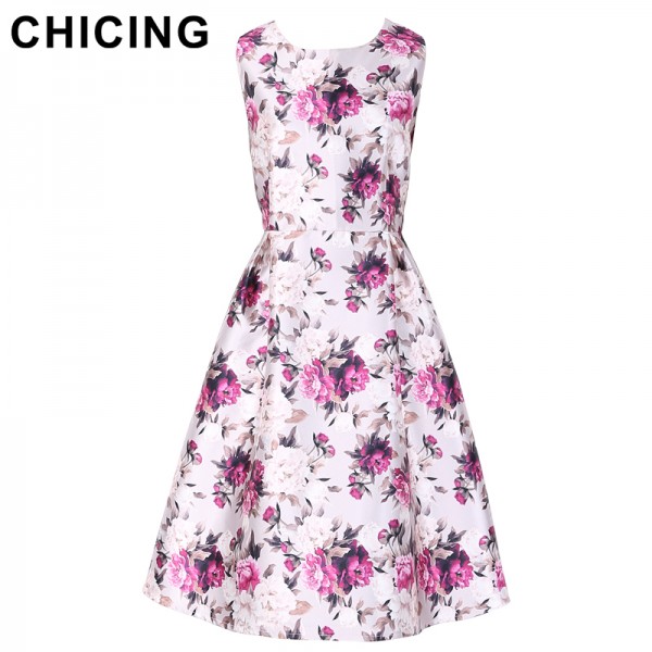 CHICING Women Floral Printed Purple Dress 2017 Spring Summer Sleeveless Fit Flared Pleated Vintage Midi Dress Vestidos A1612010