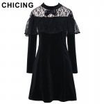 CHICING Women Sweet Lace Ruffles Bow Velvet Midi Dress 2017 New Patchwork Cute Elegant Ladies Sexy Dresses vestidos B1611057