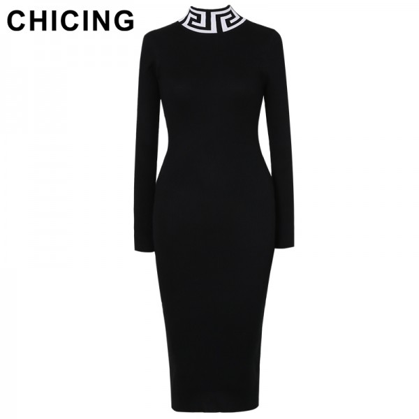 CHICING Women Turtleneck Totem Black Sweater Dress 2016 New Autumn Winter Basic Ladies Fashion Sexy Dress Sweater A1609003