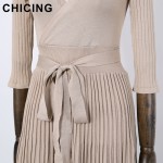 CHICING Women Vintage Pleated Deep V Sashes Knitted Midi Dress 2017 Spring Fashion Ladies A-line Elegant Belt Vestidos B1608039