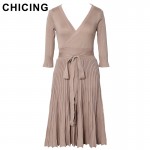 CHICING Women Vintage Pleated Deep V Sashes Knitted Midi Dress 2017 Spring Fashion Ladies A-line Elegant Belt Vestidos B1608039