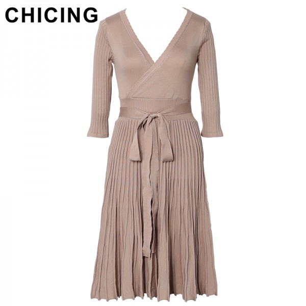 CHICING Women Vintage Pleated Deep V Sashes Knitted Midi Dress 2017 Spring Fashion Ladies A-line Elegant Belt Vestidos B1608039