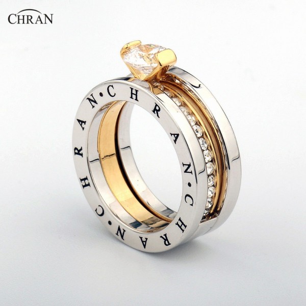 CHRAN Elegant Austrian Crystal Gold Color Brand Jewelry Wholesale Classical Pave Band Zircon Engagement Rings For Women