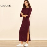 COLROVIE 2016 Winter Dresses for Women European Style Women Fall Dresses Burgundy Long Sleeve High Slit Ribbed Dress 