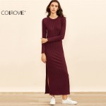 COLROVIE 2016 Winter Dresses for Women European Style Women Fall Dresses Burgundy Long Sleeve High Slit Ribbed Dress 