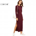 COLROVIE 2016 Winter Dresses for Women European Style Women Fall Dresses Burgundy Long Sleeve High Slit Ribbed Dress 