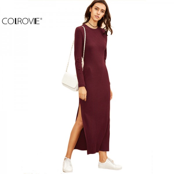 COLROVIE 2016 Winter Dresses for Women European Style Women Fall Dresses Burgundy Long Sleeve High Slit Ribbed Dress 