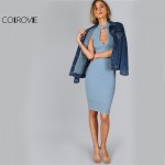 COLROVIE 2017 Summer Dress Women Blue Sexy Keyhole Front Sleeveless Midi Bodycon Dresses Fashion Cut Out Brief Casual Dress 