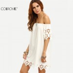 COLROVIE 2017 White Cutout Off The Shoulder Shift Dresses Office Ladies Summer Half Sleeve Straight Mini Dress