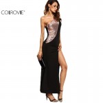 COLROVIE Black Contrast Sequin Panel High Slit One Shoulder Dress Sexy Club Wear Color Block Sleeveless Maxi Dress