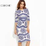 COLROVIE Blue And White Porcelain Print Slim Pencil Dress Office Ladies Work Wear Round Neck 3/4 Sleeve Midi Dress