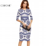 COLROVIE Blue And White Porcelain Print Slim Pencil Dress Office Ladies Work Wear Round Neck 3/4 Sleeve Midi Dress