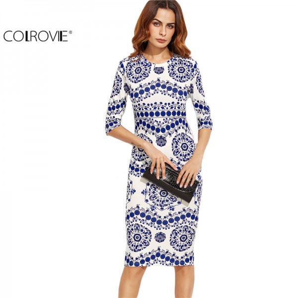 COLROVIE Blue And White Porcelain Print Slim Pencil Dress Office Ladies Work Wear Round Neck 3/4 Sleeve Midi Dress