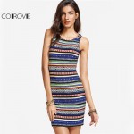 COLROVIE Boho Tribal Print Basic Bodycon Dress Summer Women Vintage Sexy Mini Tank Dresses 2017 Slim O Neck Dress