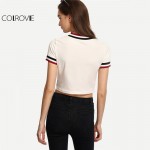 COLROVIE Brief Striped T-shirt Women Beige Short Sleeve Casual Sexy Crop Top Crew Neck Summer Tops 2017 Fashion Cotton T-shirt