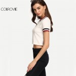 COLROVIE Brief Striped T-shirt Women Beige Short Sleeve Casual Sexy Crop Top Crew Neck Summer Tops 2017 Fashion Cotton T-shirt