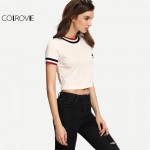 COLROVIE Brief Striped T-shirt Women Beige Short Sleeve Casual Sexy Crop Top Crew Neck Summer Tops 2017 Fashion Cotton T-shirt