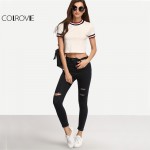 COLROVIE Brief Striped T-shirt Women Beige Short Sleeve Casual Sexy Crop Top Crew Neck Summer Tops 2017 Fashion Cotton T-shirt