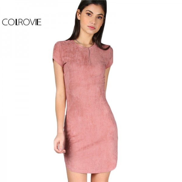 COLROVIE Brief Summer Dress Women Pink Short Sleeve Curved Hem Sexy Bodycon Mini Dresses 2017 New Slim O Neck Elegant Dress