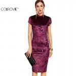 COLROVIE Burgundy Velvet Bodycon Midi Dress Autumn Women Elegant Ladies Office Dresses Mock Neck Cap Sleeve Velvet Pencil Dress 