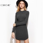 COLROVIE Casual Dresses for Woman Knitted Dress Long Sleeve Heather Grey Ribbed Knit Curved Hem Bodycon Dress 