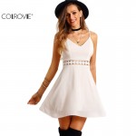 COLROVIE Cute Female 2016 Summer New Style White Spaghetti Strap Backless V Neck Hollow Out Lace Slim and Flare Mini Dress